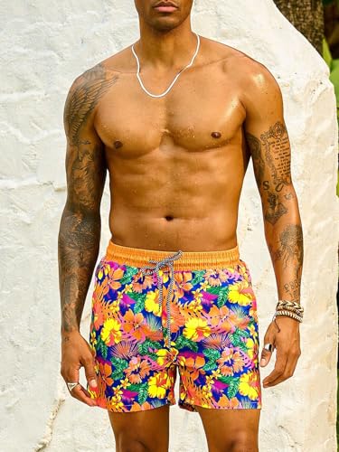 MakeMeChic Men's Floral Swim Trunks Drawstring Waist Beach Shorts with Pockets4