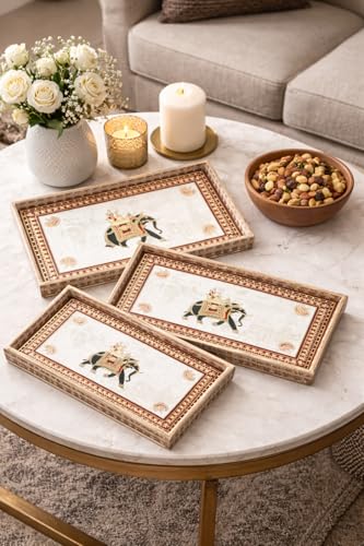 Image of Wooden Enamel Coated Serving Tray Set of 3 for Home Decor Multipurpose Rectangular Trays for Kitchen Living Room and Coffee Table with Printed Design (C-3)