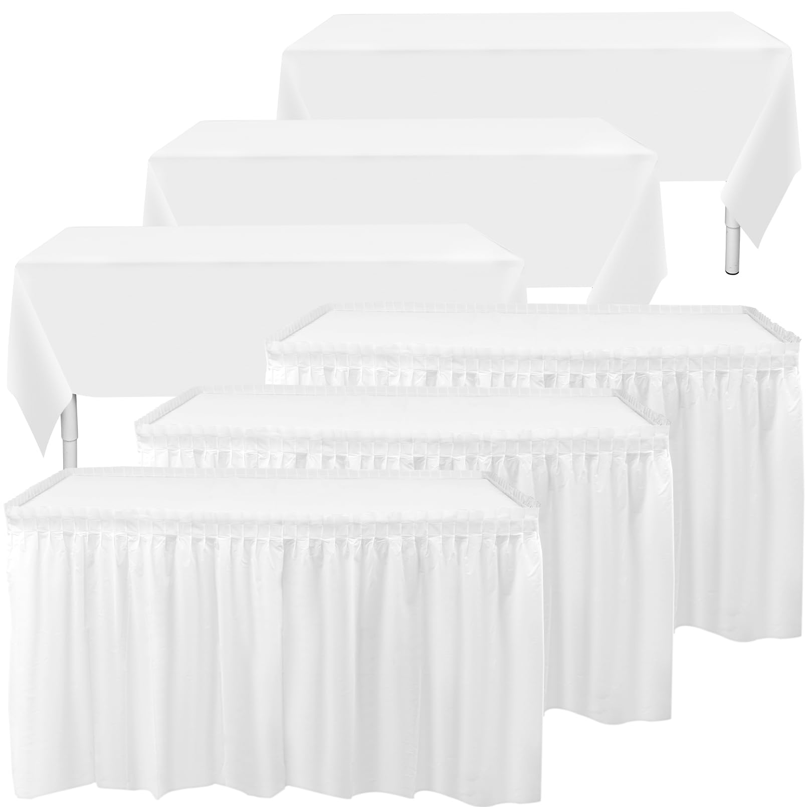 Incisite 6Pack Plastic Table Skirts and Table Cloths, 3Pcs 137x274 cm Waterproof Plastic Tablecloth, 3Pcs 73x426 cm Disposable Tablecloth Skirt for Rectangle Tables Wedding Party Baby Shower, White