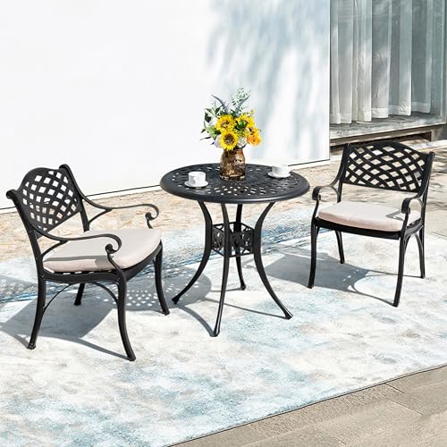 NUU GARDEN 3 Pieces Outdoor Patio Bistro Set, Cast Aluminum Patio Set with Umbrella Hole All-Weather Small Patio Table and Chairs for Balcony, Patio, Black and Beige Cushion