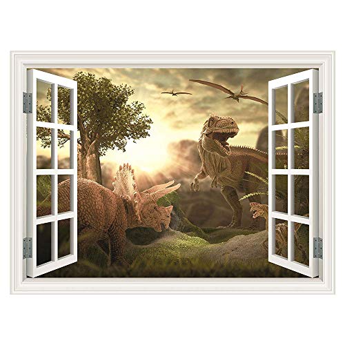 SUMGAR Jurassic Dinosaur Window View Wall Mural 3D Wallpaper Self Stick Decals Home Decor for Kids Room Windowless,48x36 inch