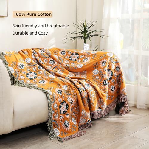 Boho Throw Blanket, 100% Cotton Soft Sofa Bed Queen Throw-Floral Farmhouse Decor Blanket, Reversible Bohemian Yellow Throw for Chair Couch Quilt and Gift, 80" x 90"