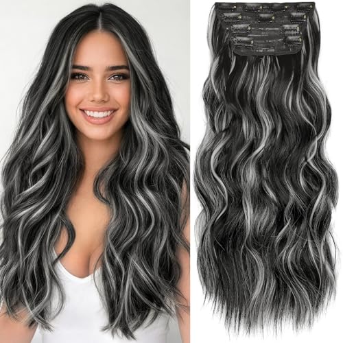 Image of KooKaStyle Clip in Hair Extensions Long Wavy 4PCS Thick Hairpieces Synthetic Highlight Hair Extensions Black and White Mix Fiber Double Weft Natural 20Inch for Women