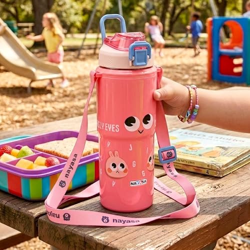 Image of Nayasa Kiddy Duo-Sip Insulated Inner Steel Kids Water Bottle 700-635ml | BPA-Free, Food Grade | Cute Bunny Print | Dual Sipping Modes | With Strap, Handle - Pink