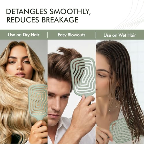 Image of konic Me Flexi Paddle Hair Brush IKM-3017 - Eco Concious, Flexible Maze Design, Wheat Straw & ABS Body, Scalp-Adaptive Comfort, Ion Anti-Frizz Bristles, Wet & Dry Detangling - Jade Green