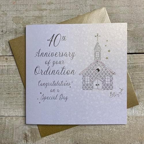 White Cotton Cards Ordinationskarte – Handgefertigt, Silberkirche Motiv, Mit Umschlag, 16x16 Cm