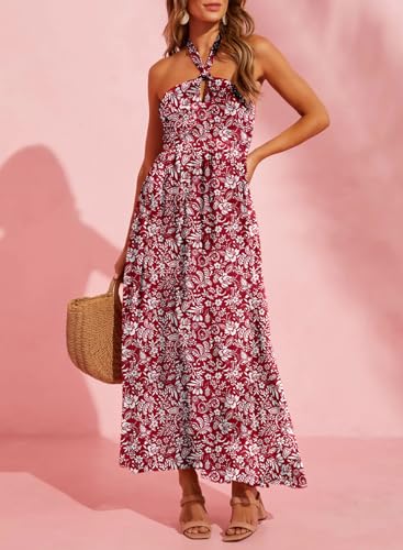Image of Dokotoo Women's Summer Dresses Halter Neck Sleeveless Backless Flowy A Line Boho Maxi Dress