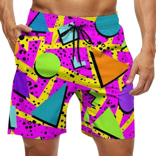 Vintage 80s Memphis Mens Beach Shorts Funny Elastic Waist Quick Dry Swim Trunks