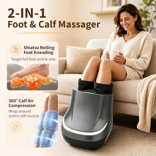 Masajeador eléctrico 2 en 1 para pies y pantorrillas con calor y técnica shiatsu | 3 modos de masaje, 3 niveles de intensidad, cabe hombres hasta talla 11 y mujeres hasta talla 12.5 miniatura 2