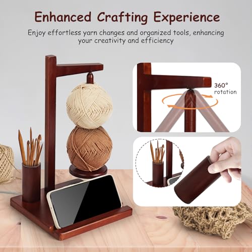 Image of Kytree Magnetic Yarn Holder for Crocheting, Wooden Yarn Spinner Rotating Pendulum Yarn Ball Dispenser Stand with Phone Stand Gifts for Knitting Crocheting Lovers