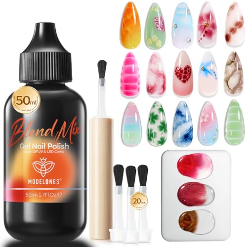 Image of modelones 50ML Blend Mix Blooming Gel Nail Polish Set with Nail Art Palette & 20PCS Nail Brushs, Clear Blooming Gel for Spreading Effects Floral Print Marble Design Mix Color Glitter Nail Art DIY