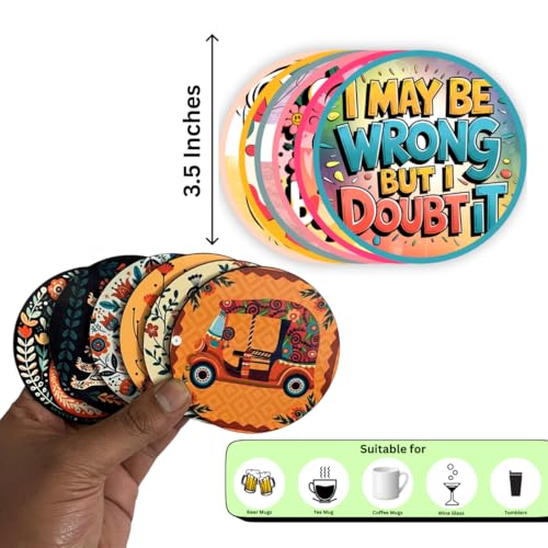 Image of Zesta Coasters for Cups Set of 6 / Wooden Coasters for Bar Accessories for Home /Tea Coaster Set of 6 / Waterproof Dining Table Decor Glass Cover (Sarcastic, Circle)