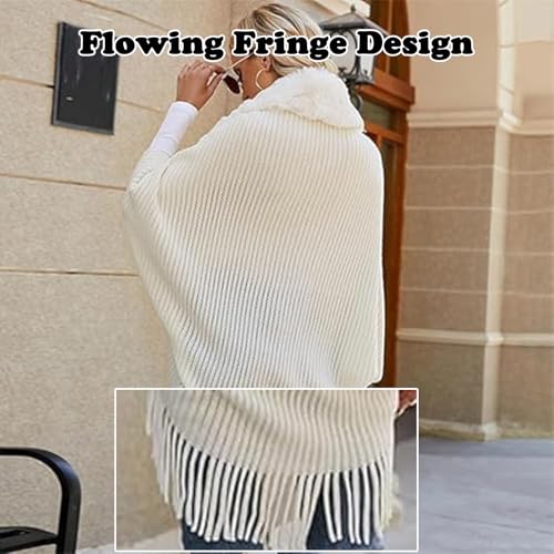 Permitime Knitting Thick Womens Loose Shawl, Winter Knit Fringe Fur Collar Shawl, Permitime Loose Shawl with Fur Collar4