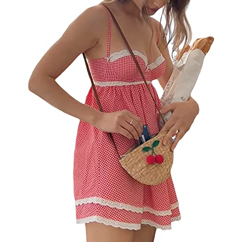 Image of Women's Summer Casual Mini Dress Plaid Lace Trim Sleeveless Dress Tie Up Backless Spaghetti Straps Sweety Dress (A-Red Plaid, L)