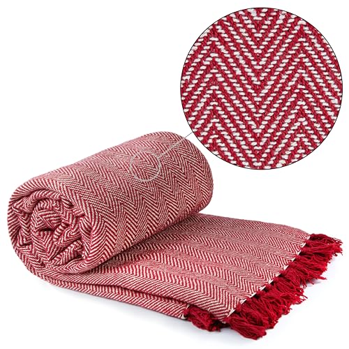 Emma Barclay Jeté de lit en Coton recyclé à Motif Chevrons pour Fauteuil, canapé, lit, Rouge, 127 x 152 cm