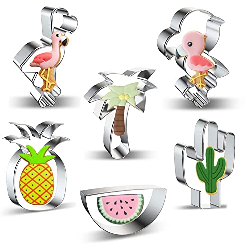 Juego de cortadores de galletas hawaianos tropicales, 6 piezas, flamenco, palmera, piña, sandía, cactus, moldes para fondant, para verano, suministros de fiesta de playa tropical, acero inoxidable