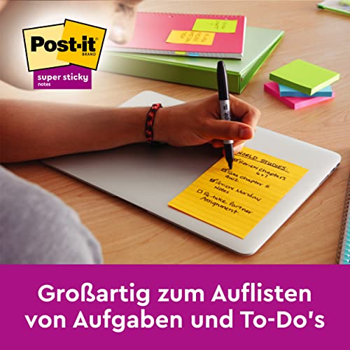 Post-it Super Sticky Large Notes, Packung mit 4 linierten Blöcken, 45 Blatt pro Block, 152 mm x 101 mm, Farben: Grün, Gelb, Orange, Pink, Haftnotizen für Notizen, To-Do-Listen und Erinnerungen