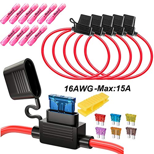 Gebildet 5pcs 16AWG Porte-fusibles Lame Enfichable Etanche avec Fil,DC 32V 20A Add-A-Circuit pour Camion Voiture,avec 6pcs de Fusible à Lame Standard et 10pcs Borne Thermorétractable Étanche