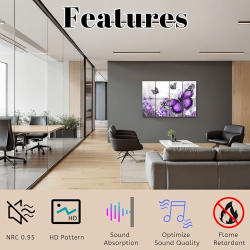 8 Pack Paneles Acústicos Artísticos Absorbentes de Sonido Morado Mariposa Decoración de Pared para Baño Paneles Decorativos Abstractos Morados Autoadhesivos para Estudios de Grabación en Casa 48"x32" miniatura 3