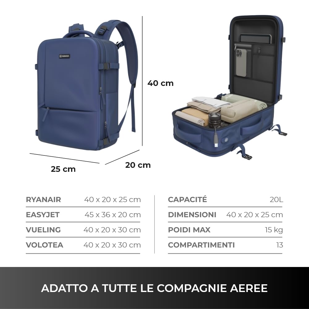 NUMADA - Zaino Ryanair 40x20x25 cm (20L) con Scomparti Multipli e Adattabilità Alla Maniglia Della Valigia. Zaino da viaggio porta PC con Scomparto per le Scarpe e Porta di ricarica USB
