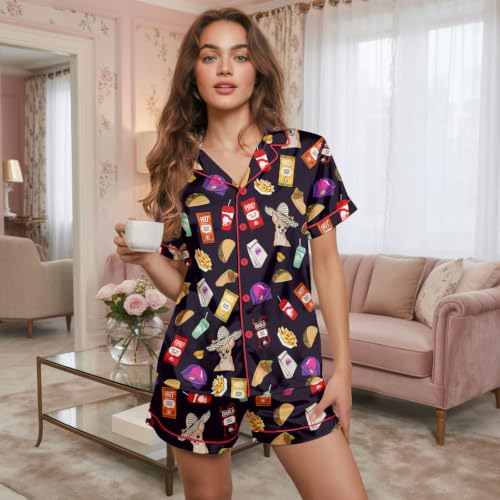 Image of Women's Satin Pajamas Set, Short-Sleeve Button Down Loungewear