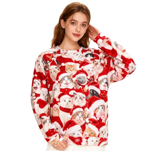 Crittygo Unsiex Weihnachtpullover 3D Gedruckt, Ugly Weihnachtspullover Katzen Hundeabdruck von Haustieren, Weihnachten Jumper Sweatshirt Langarm