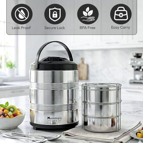 Image of Mumma's LIFE Lunch Box Steel Stainless | 3 Container Multipurpose Dishwasher Safe Tiffin Box for Office Use & School | Silver Finish Meal Carrier for Daily Use