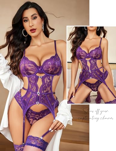 Image of Avidlove Women's Underwire Lingerie Set with Garter Belt Sexy Lace Bodysuit Cut Out Rhinestone Teddy Lingerie (No Stockings)