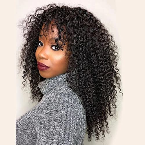 Image of ISEE Hair Afro Kinky Curly Wig With Bangs Full Machine Made 180% Density Virgin Brazilian Short Curly Human Hair Wigs Natural Color 20 inch