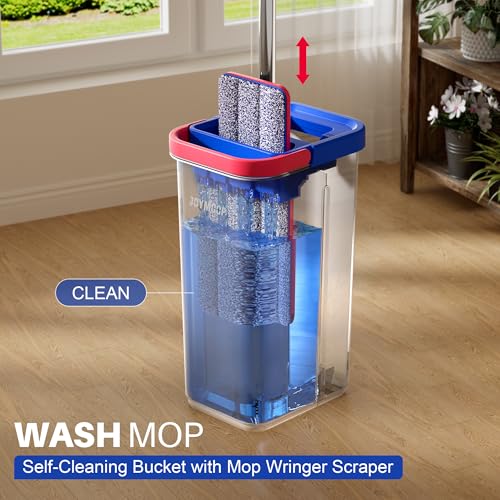 Image of JOYMOOP Flat Mop System, Microfiber Mop and Bucket Set, Black, Household & Commercial Floor Cleaning System for Hardwood, Tile & Glass, Wet Dry Use, 60 inch Handle, 3 Pads