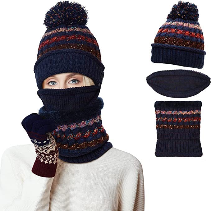 Womens Winter Beanie Hat Scarf Mask Set, 3 Pcs Warm Fleece Lined Ski Hat with Scarf Face Mask Touchscreen Mitten with Pom Pom for Girls Dark Blue, Red