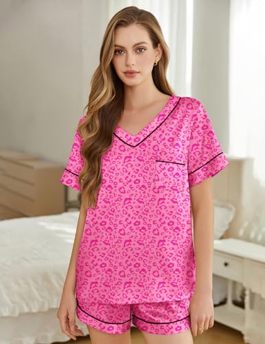 Image of Silk Pajamas for Women Short Sleeve Satin 2 Piece Pj Set Soft V Neck Sleepwear Loungewear, S-XXL