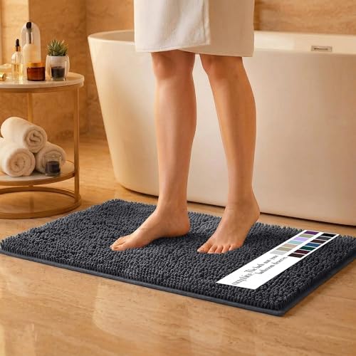MAYSHINE Small Plush Shaggy Chenille Bath Mat 24'x17' Extra Soft, Super Absorbent, Non-Slip Bathroom Rug | Fluffy Microfiber, Area Rug Sets for Bathroom Floor, Kitchen, Living Room | Charcoal Gray