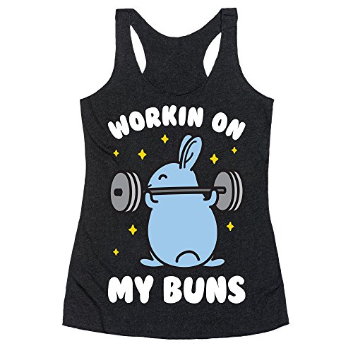 LookHUMAN Workin On My Buns Large Heathered Black Women's Racerback Tank