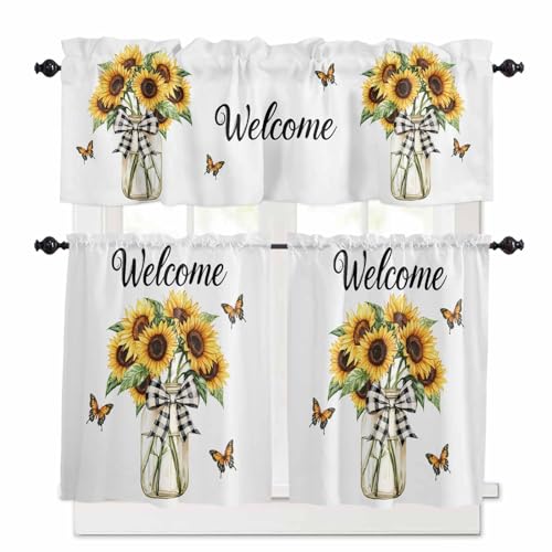 Spring Sunflower Kitchen Curtains 36 Inch Length, 3 Piece Rod Pocket Small Half Tiers and Valance Set, Bow Vase Yellow Butterfly Painting Small Large Window Treatment Decor for Bedroom/Bathroom Sink