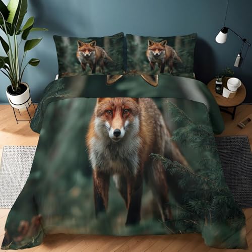 Bettdecke 135 x 200 cm Bettdecke 4-Jahreszeiten Steppdecke Natur Tiere Füchse Bäume Muster, Warm Waschbar, Wendebettwäsche Bedding mit 2 Kissenbezüge 80x80 cm, Dunkelgrün