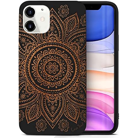 CaseYard Wood Phone case for iPhone 11 Laser Engraved Mandala Design Black Wood Compatible iPhone case Protective Shockproof Slim fit Cell Phone Cover for Men & Women Cover