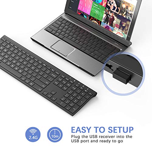 Rechargeable Wireless Keyboard, Jelly Comb 2.4GHz Full Size Ultra Slim Keyboard for Computer / Desktop / PC / Laptop / Surface / Windows OS