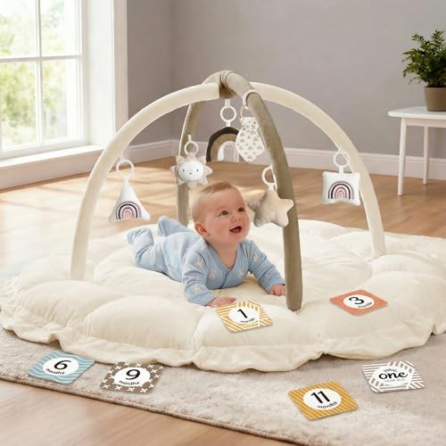 Image of Mallify 5-in-1 Thick & Plush Baby Play Gym, Baby Play Mats for Floor, Tummy Time Mat with 6 Toys, Convertible Stage-Based Developmental from Babies to Toddlers, Ball Pit, Brown