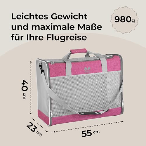 EQUICANI® Hundetasche 55x40x23 cm Flugzeug Faltbare leichte Tragetasche mit Netzstoff, Tragegurt und abnehmbaren Boden für Hund & Katze | Haustier Hundetragetasche für Reisen, Auto, Fliegen (Pink)