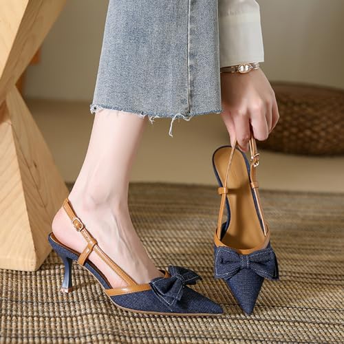 Zeberfi Women's Bow Tie Denim Slingback Pumps Sexy Closed Pointed Toe Slip On Kitten Heels Sandals Summer Wedding Bride Party Dress Stiletto High Heels4