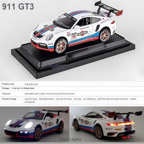 Image of 1:32 911 GT3 RS RSR Turbo S Matini Diecast Model Cars for Kids,Pull Back Car with Light,Sound and Arcylic Sheet Frame for Safety Sports Race Car for Boys Age 4-7 Gifts White Blue