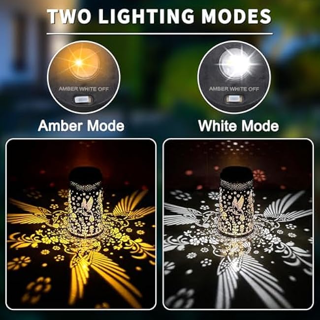 Solar Lanterns Outdoor Waterproof 2 Pack, 2 IN 1 Amber & White Modes Upgraded, Bird Garden Decor Gifts for Women Mom Grandma, Metal Hanging Solar Light Decoration for Yard Patio Porch Pathway