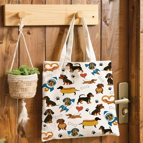 Yoljun Tote Bag, Canvas Handtasche mit Dackel Motiv 40×35 cm, Jutebeutel Alternative, Stilvolle Tote Bag Damen groß mit Henkel, Büchertasche Dackel Geschenke für Frauen Einkaufen Uni Alltag