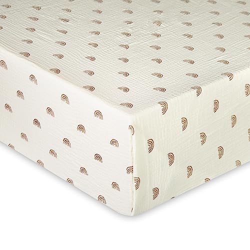 Image of Ultra Soft Muslin Crib Sheets for Baby, Premium Breathable Organic Cotton Crib Fitted Sheet for 52''x28''Standard Crib and Toddler Mattress,2 Pack Beige&Rainbow