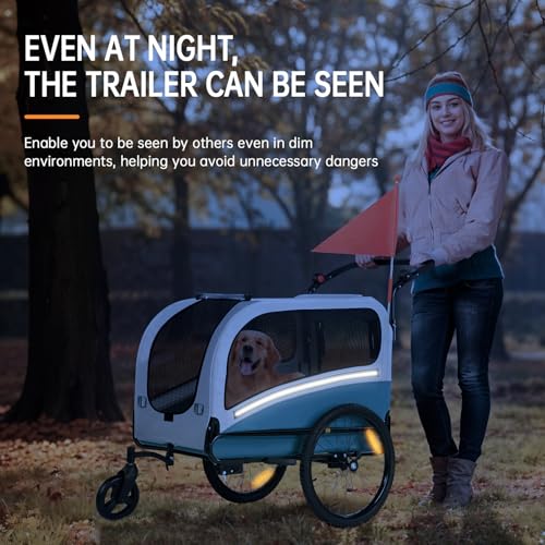 SEPNINE 2-in-1 XL Fahrradanhänger für Hunde, Hundeanhänger für Fahrrad - mit Dachöffnung, Reflektoren & Reflexstreifen, mit Schiebestange & Universal-Fahrradkupplung, Faltbar, Bis 50 kg, Blau