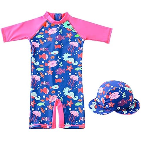 Baby Girls Swimsuit Kids Swimwear UV Protection Beach Rash Guard Swimming Costume Sun Protection Bathing Suit Toddler Sunsuit with Swimming Cap, 1-2 Years Cover