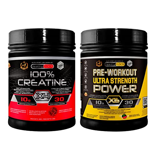 Healthy Fusion Pack Creatina Monohidrato Micronizada 300 g Sabor Sandía + Pre-Workout 300 g Sandía | Beta-Alanina, Taurina y Cafeína | Fuerza, Energía, Alta Solubilidad, Rendimiento Físico