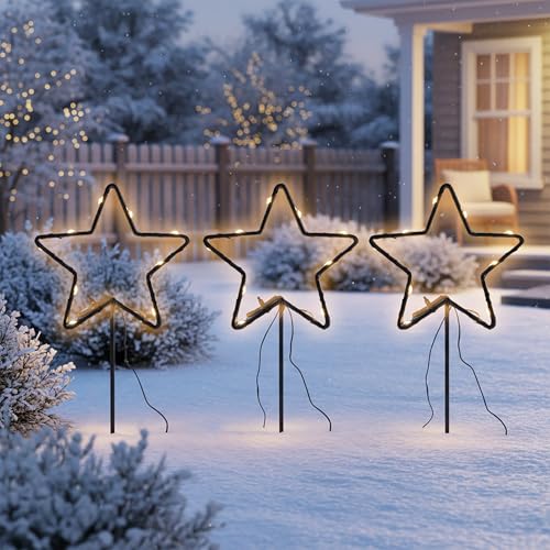 Metall Leuchtstern Gartenstecker 3er Set schwarz 30 LED mit Timer - 21...