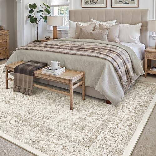 Light Brown Area Rug 10x14 Machine Washable Large Vintage Living Room Distressed Non Slip Carpet Traditional Indoor Bedroom Retro Floral Accent Throw Rug for Office Kitchen Dining Room